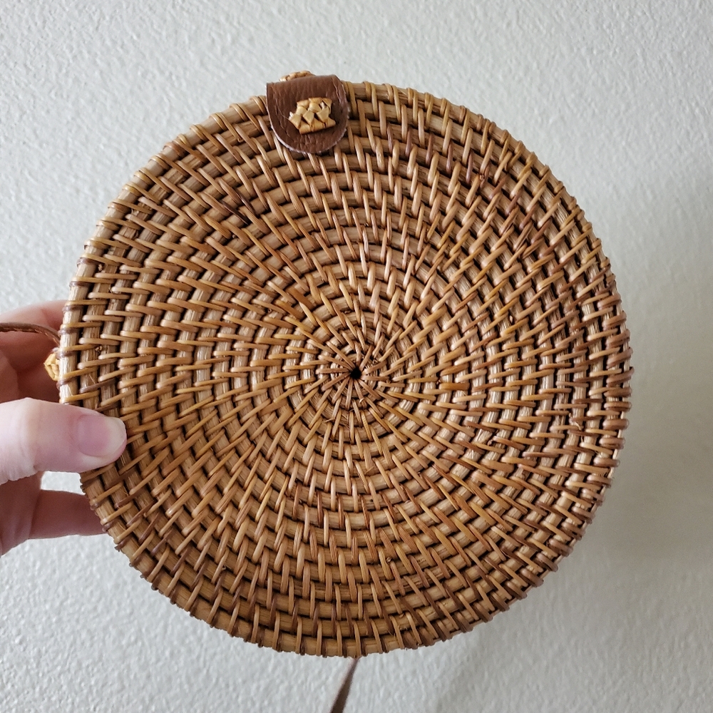 Boho Circle Round Wicker Rattan Woven Lined Purse Strap Crossbody 8"